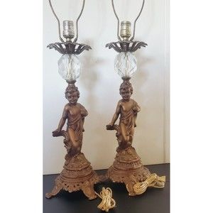 Antique Victorian Figural Cherub Table Lamp Angel With Crystal - One Pair